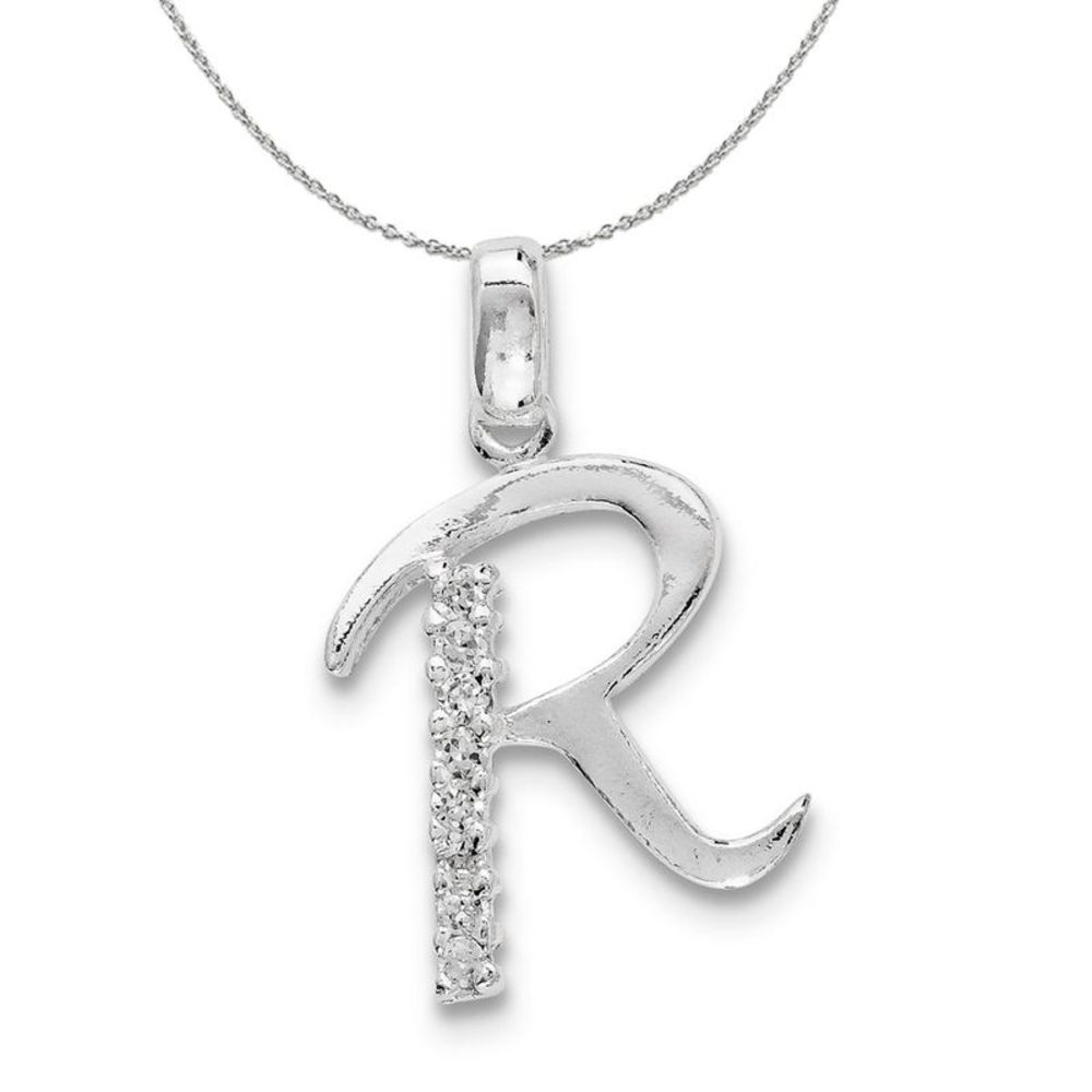 Sterling Silver and CZ, Lauren Collection, Initial R Necklace - 18 In